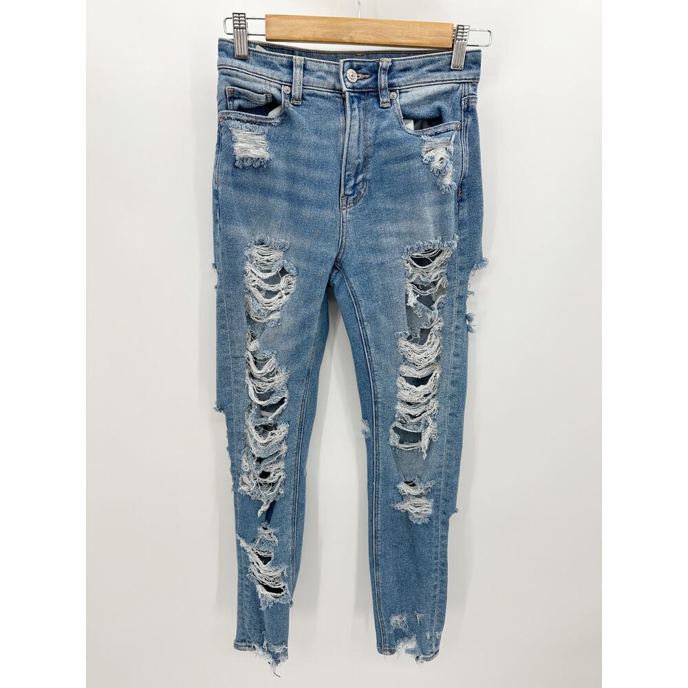 American Eagle Stretch Medium Wash Mom Jean Heavy Distressing Women Size‎ 00